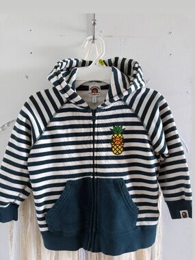 Bape Kids Striped Zip Hoodie with Pineapple Patch - Navy & White